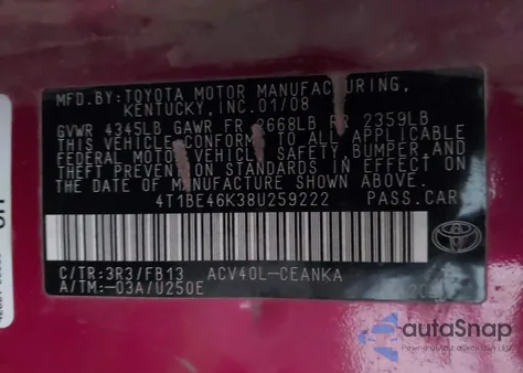 2008 Toyota Camry Le from USA, damaged, VIN 4T1BE46K38U259222